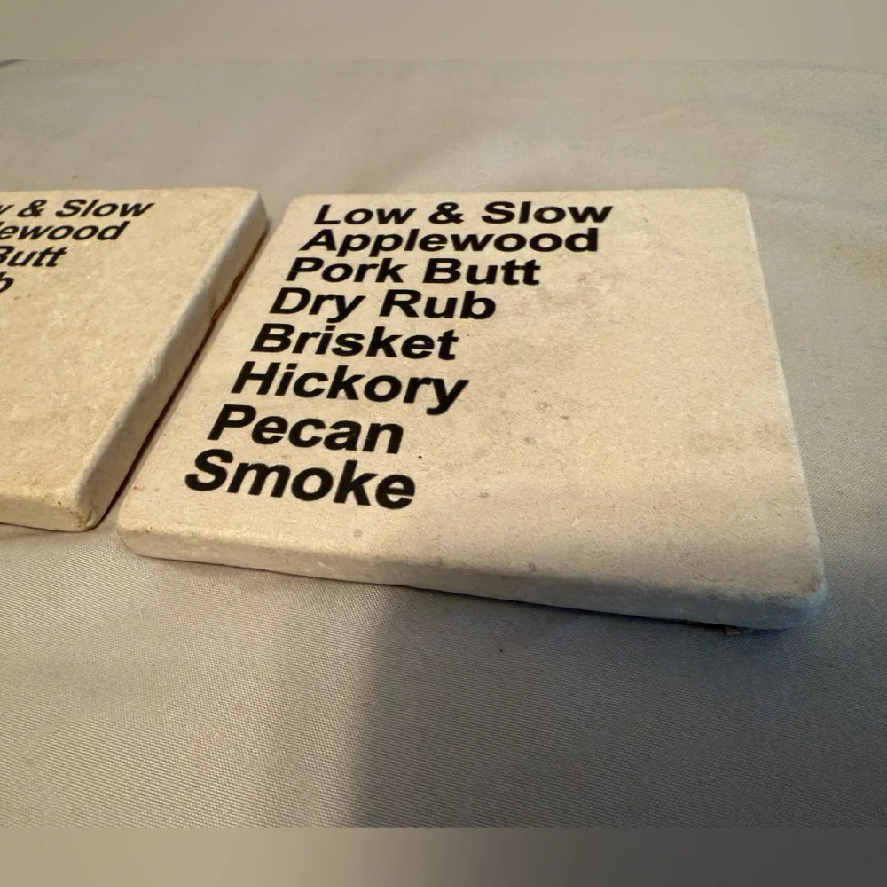Set of 2 BBQ Marble Coasters smoked pork applewood hickory new cookout grill dad